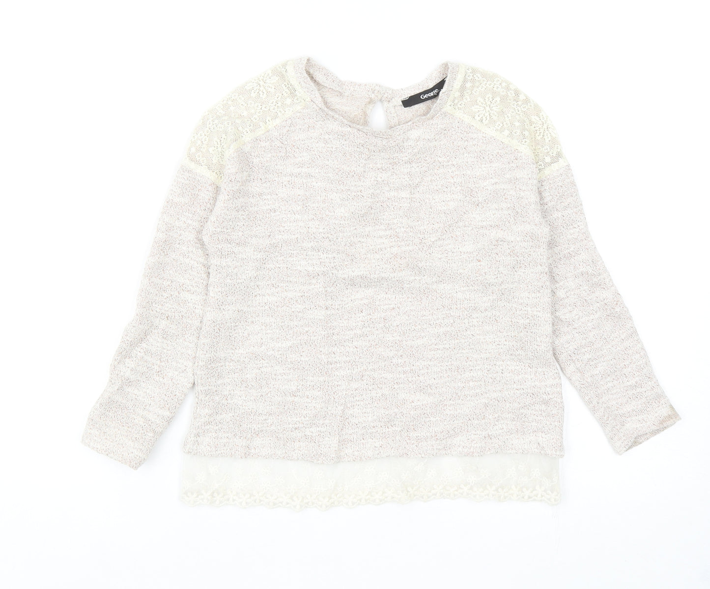 George Girls Beige Round Neck Cotton Pullover Jumper Size 5-6 Years Button - Lace Detail And Trim