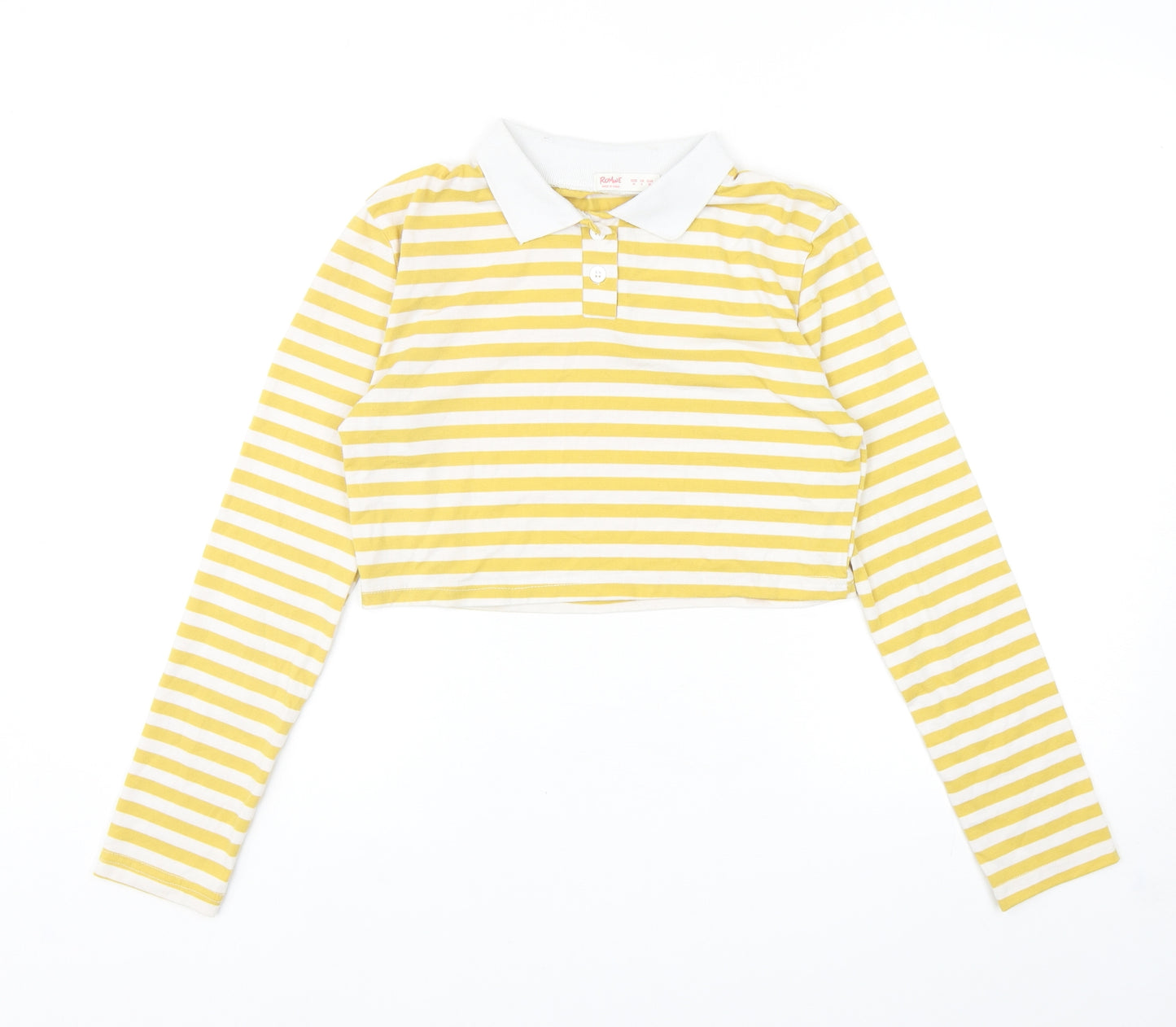 ROMWE Womens Yellow Striped Polyester Cropped Polo Size M Collared