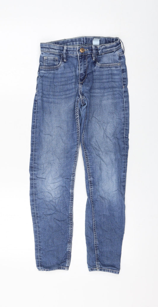 H&M Girls Blue Cotton Skinny Jeans Size 9-10 Years Regular Zip