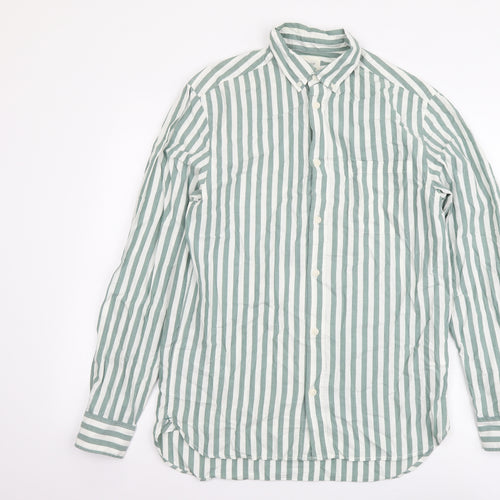 H&M Mens Green Striped Cotton Button-Up Size S Collared Button