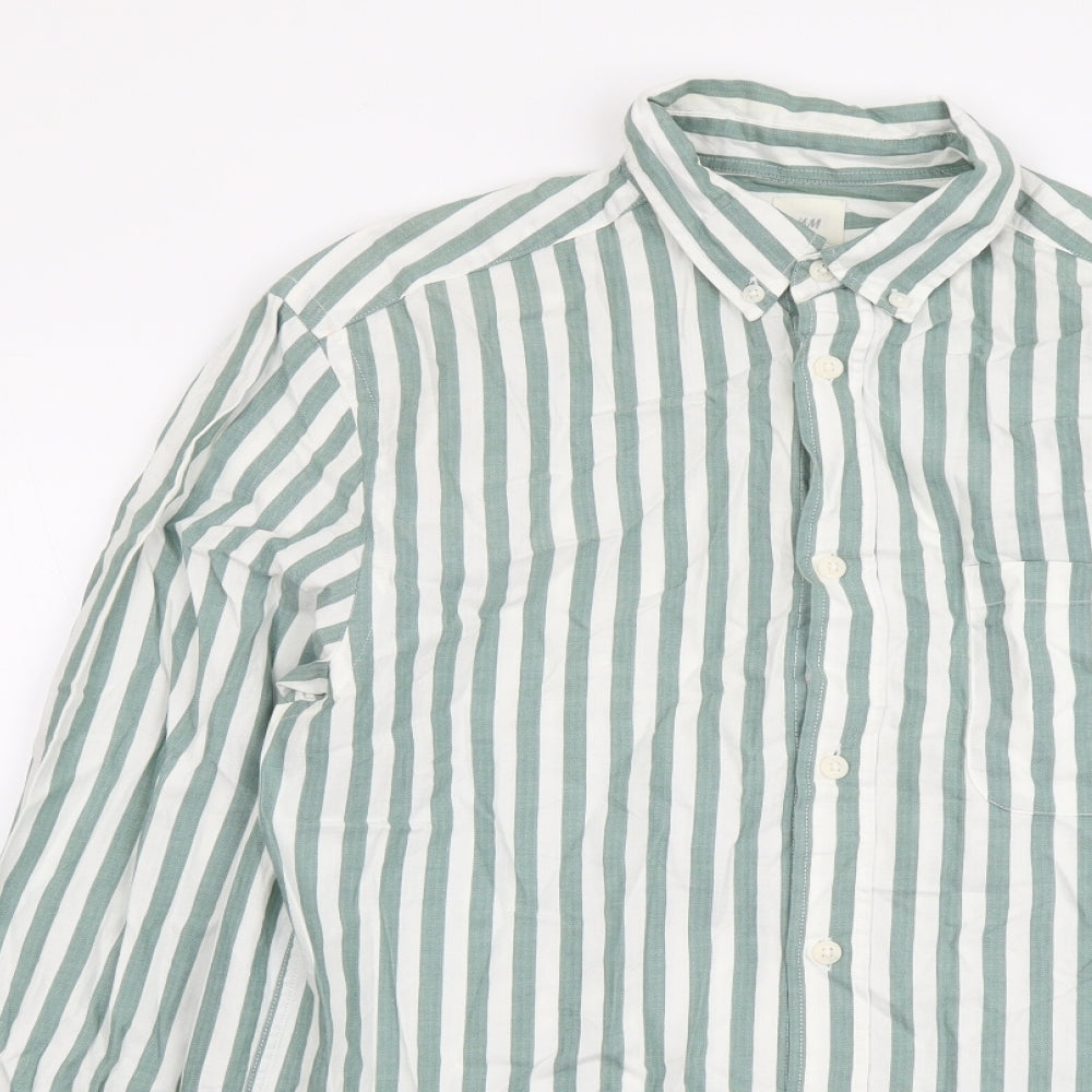 H&M Mens Green Striped Cotton Button-Up Size S Collared Button