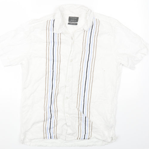 Primark Mens White Striped Linen Button-Up Size L Collared Button