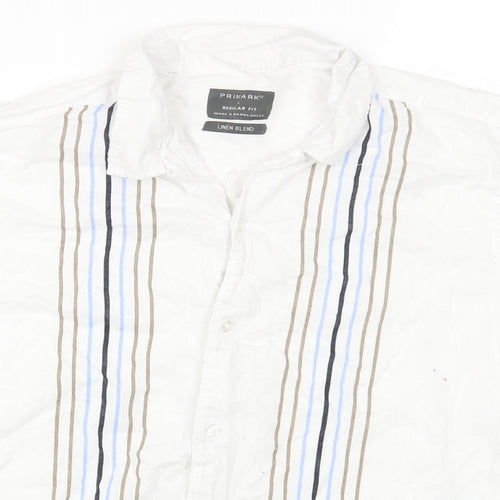Primark Mens White Striped Linen Button-Up Size L Collared Button