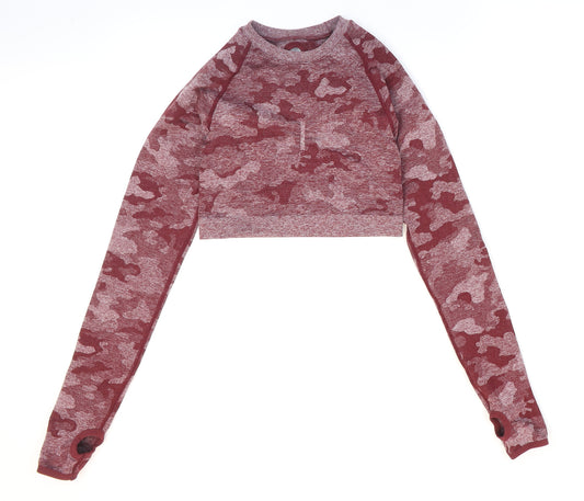 Preworn Womens Red Camouflage Nylon Cropped T-Shirt Size S Round Neck Pullover - Thumb-holes