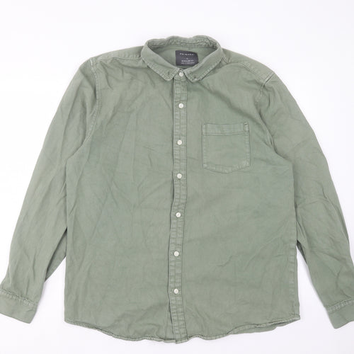 priamrk Mens Green Cotton Button-Up Size XL Collared Button - Pocket Detail