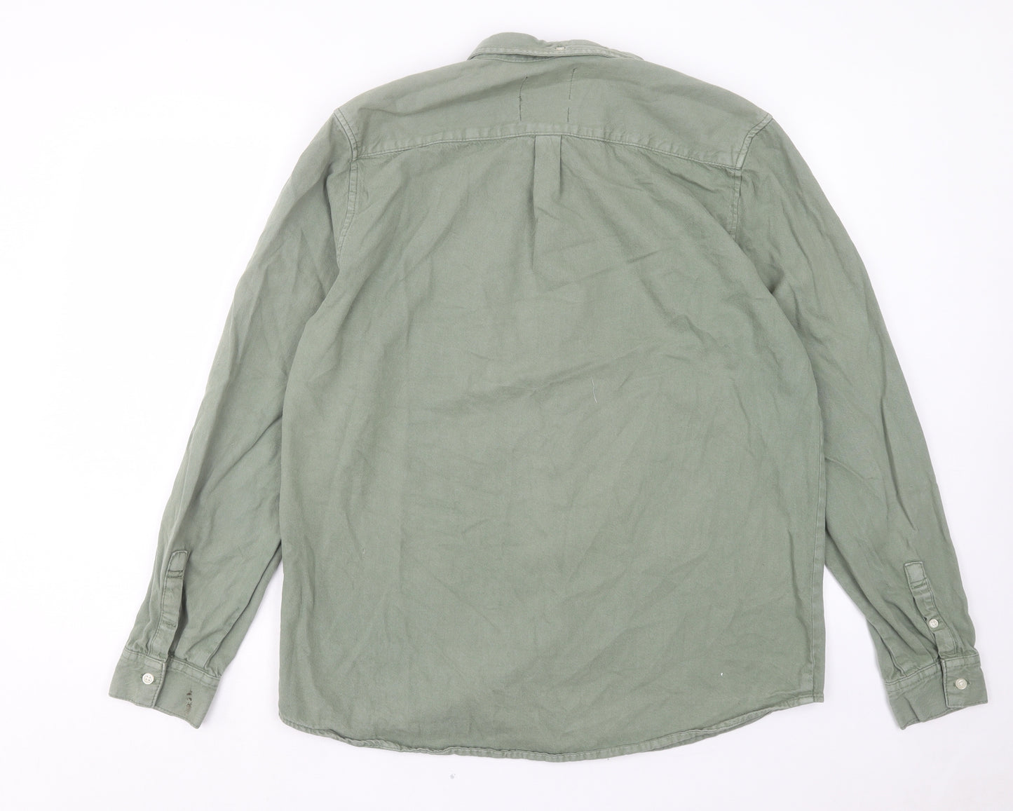 priamrk Mens Green Cotton Button-Up Size XL Collared Button - Pocket Detail