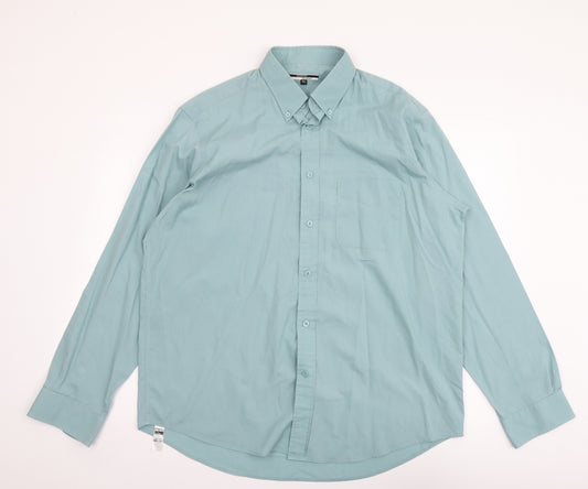 George Mens Green Polyester Button-Up Size 16 Collared Button