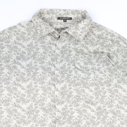George Mens Beige Floral Cotton Button-Up Size 2XL Collared Button