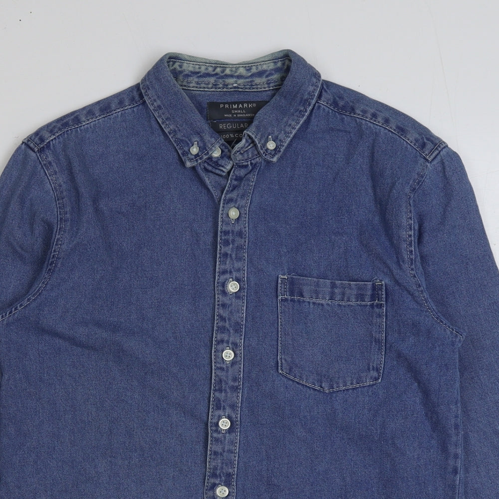 Primark Mens Blue Cotton Button-Up Size S Collared Button