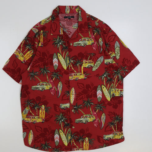 George Mens Red Geometric Cotton Button-Up Size L Collared Button