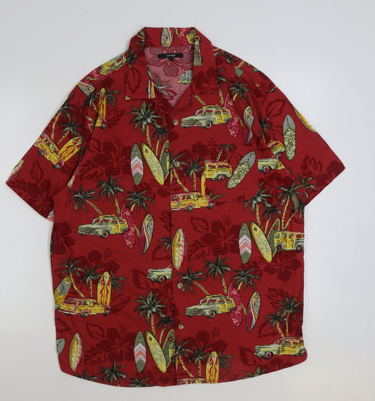 George Mens Red Geometric Cotton Button-Up Size L Collared Button