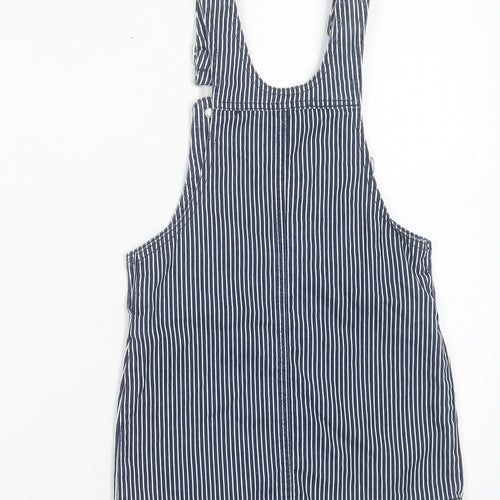 H&T Girls Blue Striped Cotton Pinafore/Dungaree Dress Size 6 Years Square Neck Buckle