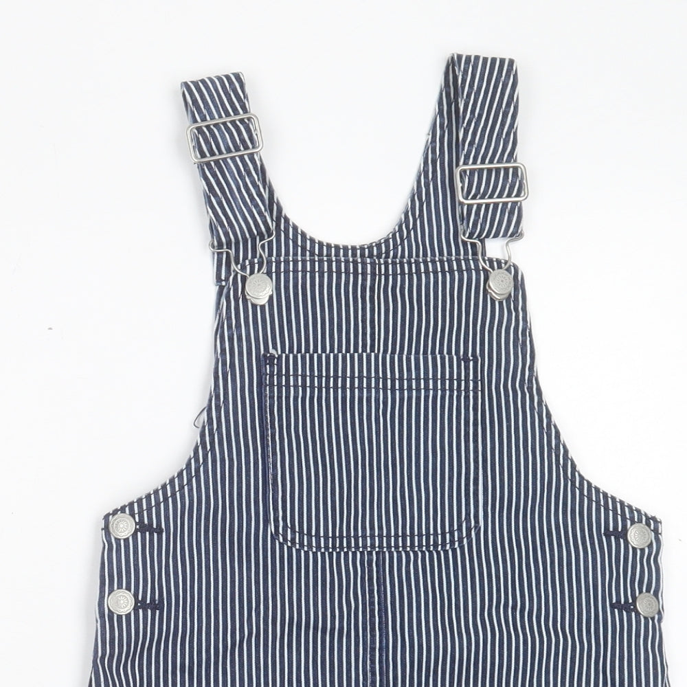 H&T Girls Blue Striped Cotton Pinafore/Dungaree Dress Size 6 Years Square Neck Buckle