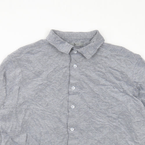 TU Mens Grey Cotton Button-Up Size L Collared Button