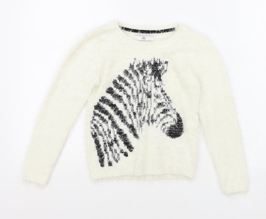 Marks and Spencer Girls White Round Neck Polyamide Pullover Jumper Size 7-8 Years Pullover - Zebra