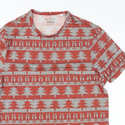 TU Mens Red Geometric Polyester T-Shirt Size M Round Neck - Christmas Tree