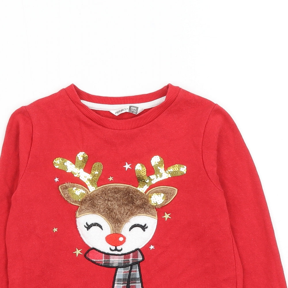 PEP&CO Boys Red Cotton Pullover Sweatshirt Size 4-5 Years Pullover - Reindeer Christmas
