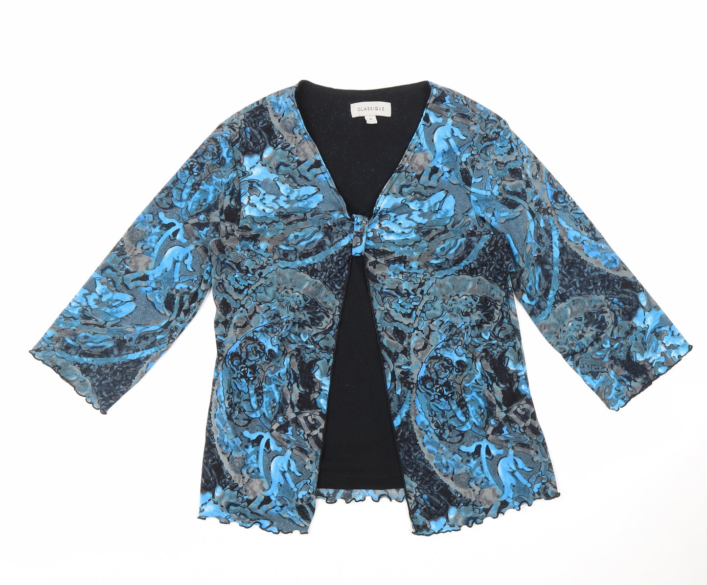 Classique Womens Blue Polyester Basic Blouse Size M V-Neck - Open Front