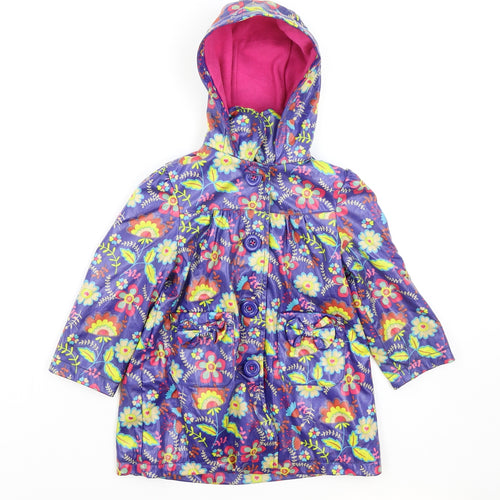 Marks and Spencer Girls Blue Floral Pea Coat Coat Size 2-3 Years Button