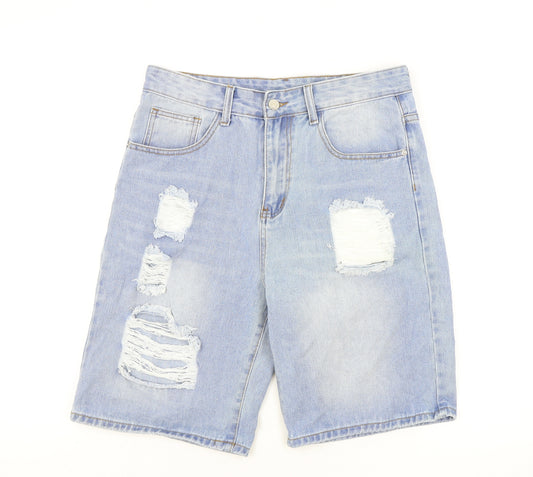 SheIn Mens Blue Cotton Bermuda Shorts Size S L9 in Regular Zip - Distressed