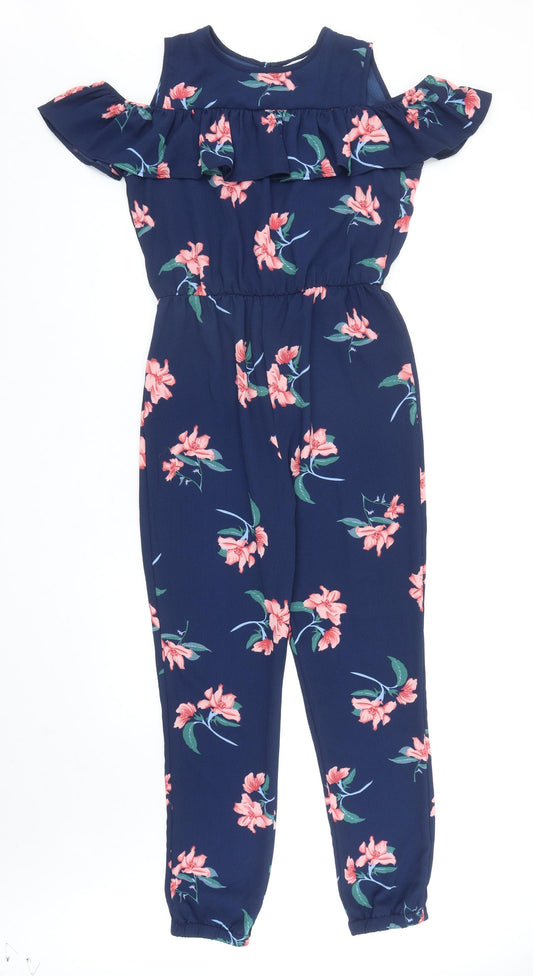 Primark Girls Blue Floral Polyester Jumpsuit One-Piece Size 13-14 Years L28 in Button - Cold Shoulder
