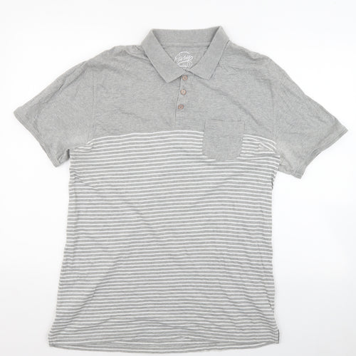 Easy Mens Grey Striped Cotton T-Shirt Size L Collared - White stripes