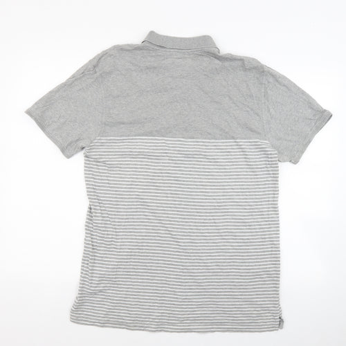 Easy Mens Grey Striped Cotton T-Shirt Size L Collared - White stripes
