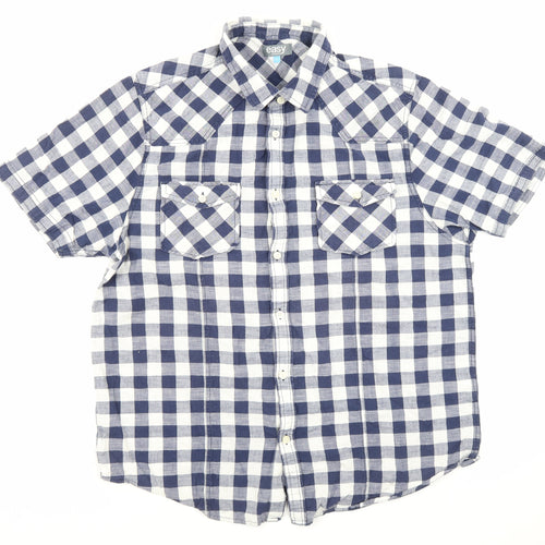 Easy Essential Mens Blue Check Cotton Button-Up Size XL Collared Button