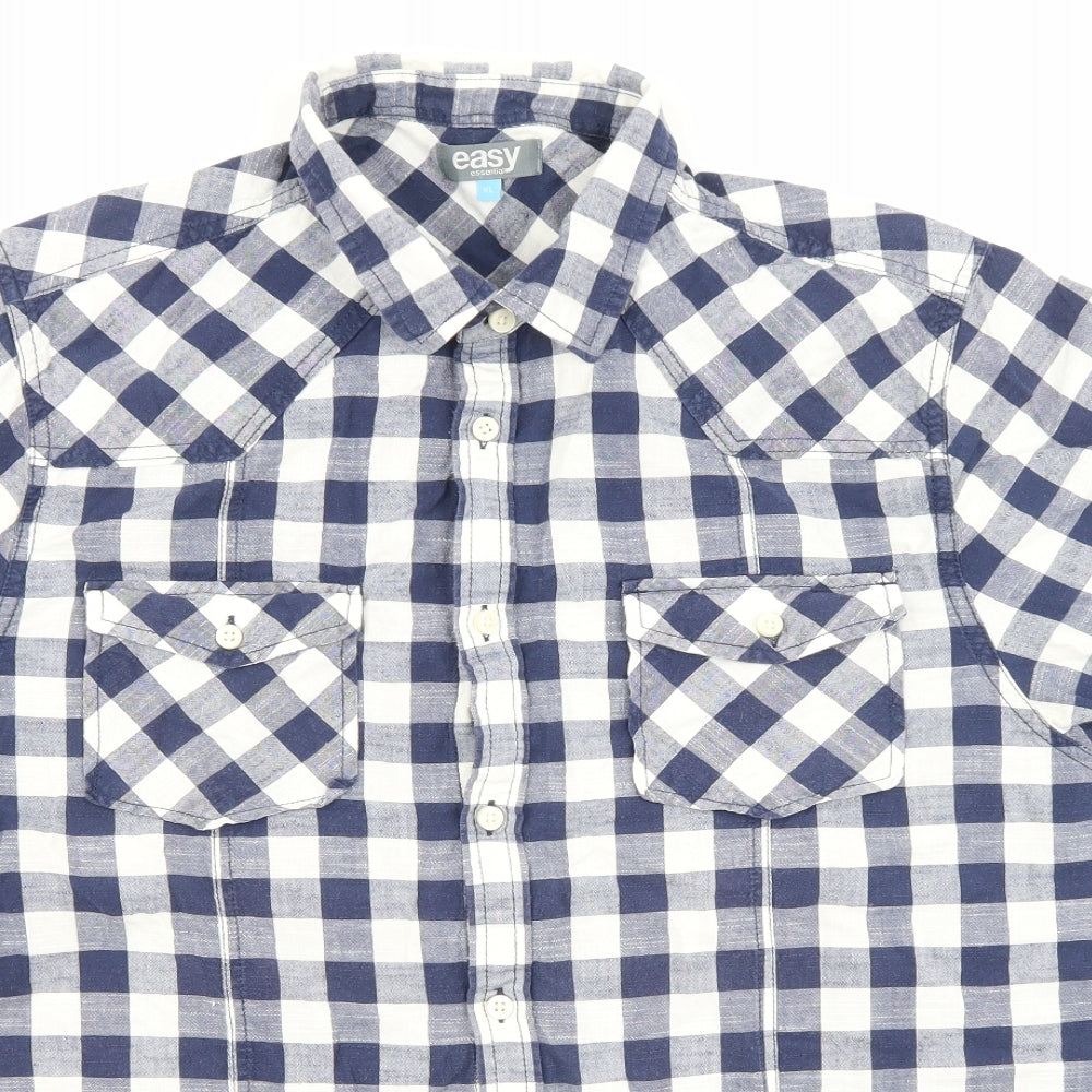 Easy Essential Mens Blue Check Cotton Button-Up Size XL Collared Button