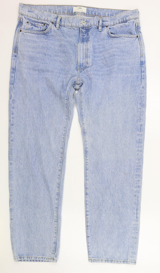 Marks and Spencer Mens Blue Cotton Straight Jeans Size 40 in L33 in Regular Zip