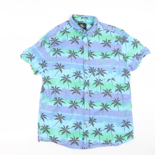 Cedar Wood State Mens Blue Geometric Cotton Button-Up Size L Collared Button - Palm Tree Print