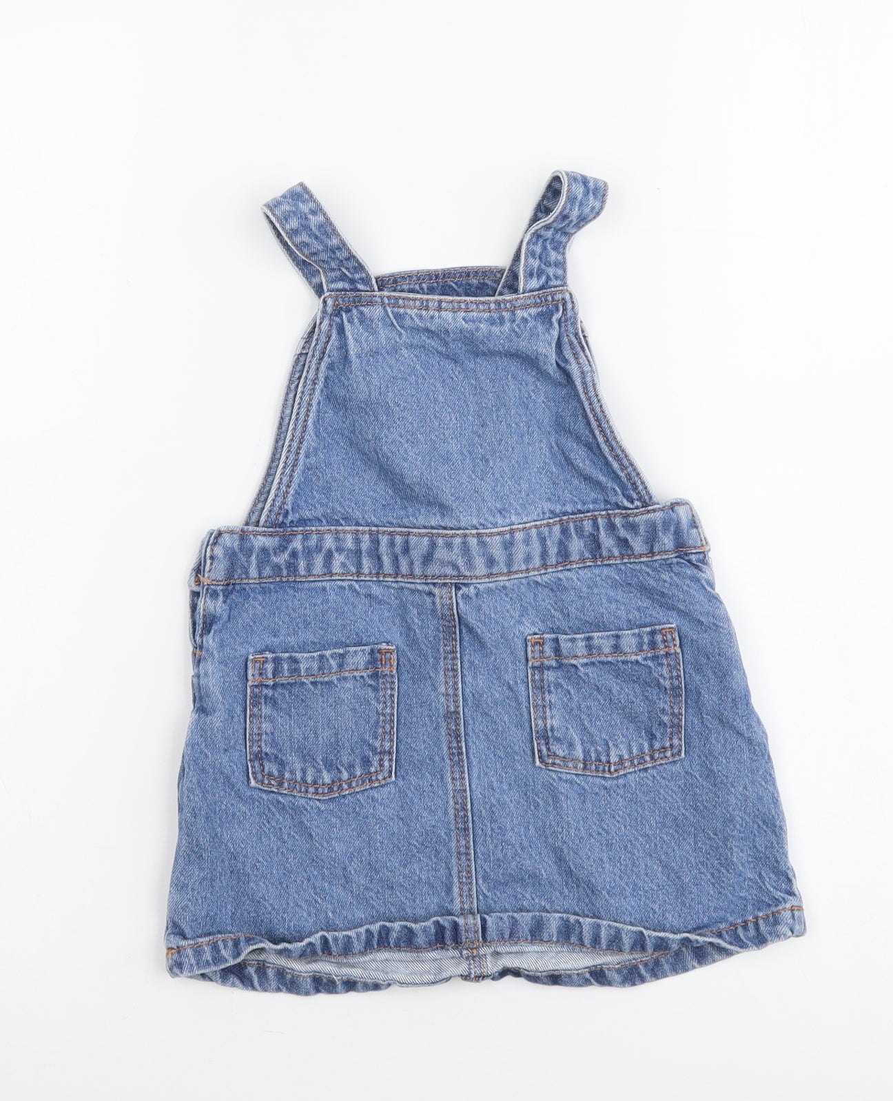 TU Girls Blue Cotton Pinafore/Dungaree Dress Size 2 Years Square Neck Pullover