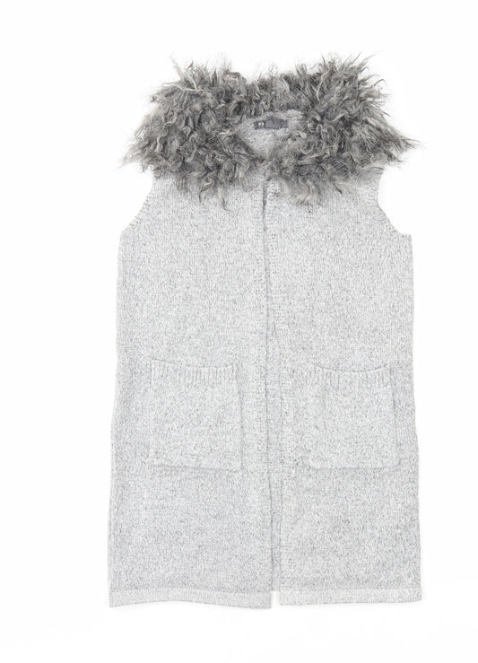 Primark Girls Grey Round Neck Acrylic Vest Jumper Size 10-11 Years Hook & Eye - Faux Fur Collar