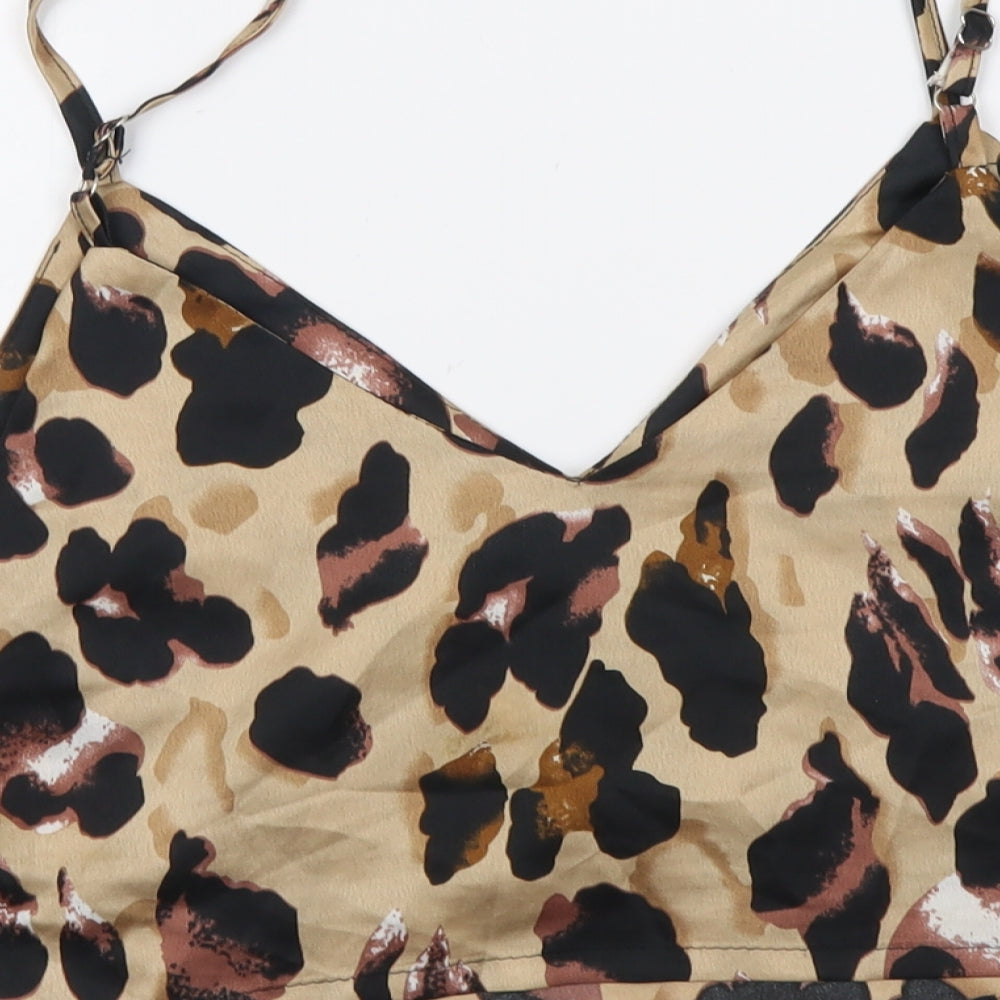 Zaful Womens Beige Animal Print Polyester Cropped Tank Size S V-Neck - Leopard Pattern