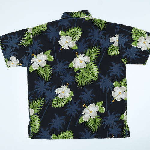 Five Parrots Mens Black Floral Polyester Polo Size M Collared Button