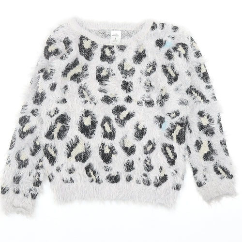 Miss Understood Girls Grey Round Neck Animal Print Acrylic Pullover Jumper Size 9 Years Pullover - Leopard Print