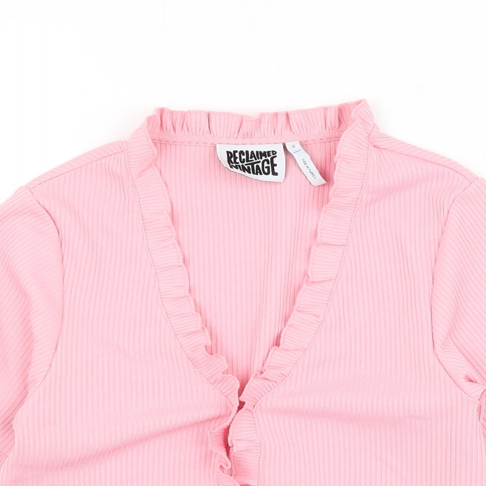 Reclaimed Vintage Womens Pink Polyester Basic Blouse Size XS V-Neck - Lettuce Hem