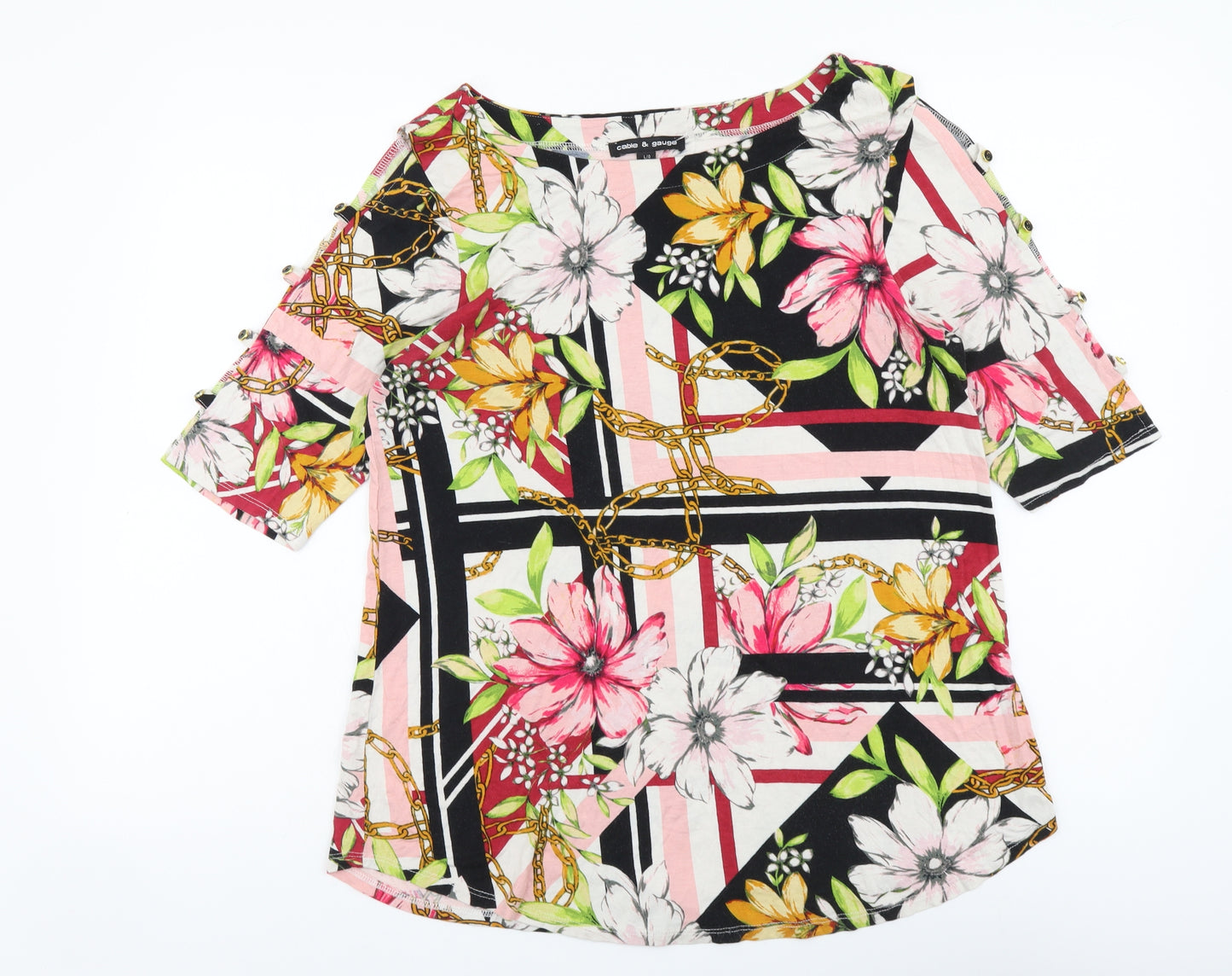 Cable & Gauge Womens Multicoloured Floral Viscose Basic T-Shirt Size L Boat Neck