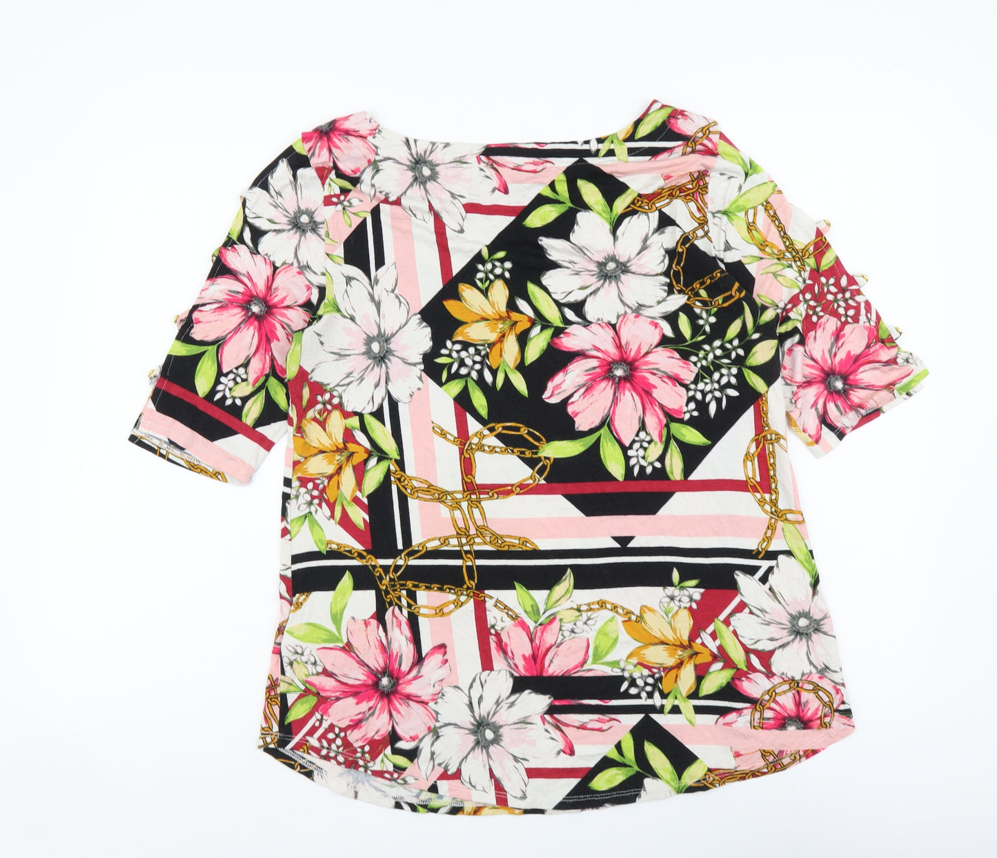 Cable & Gauge Womens Multicoloured Floral Viscose Basic T-Shirt Size L Boat Neck