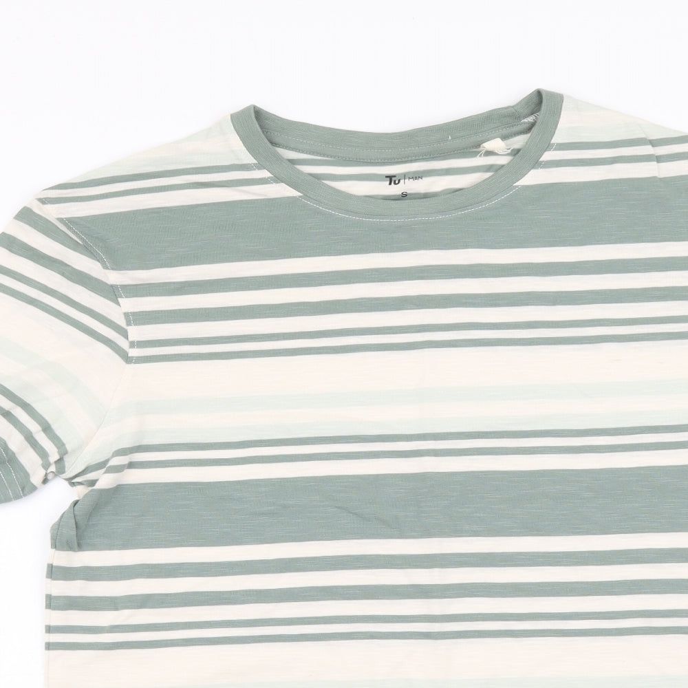 TU Mens Multicoloured Striped Cotton T-Shirt Size S Round Neck
