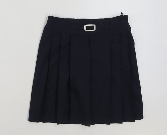 Marks and Spencer Girls Blue Polyester Pleated Skirt Size 7-8 Years Regular Zip