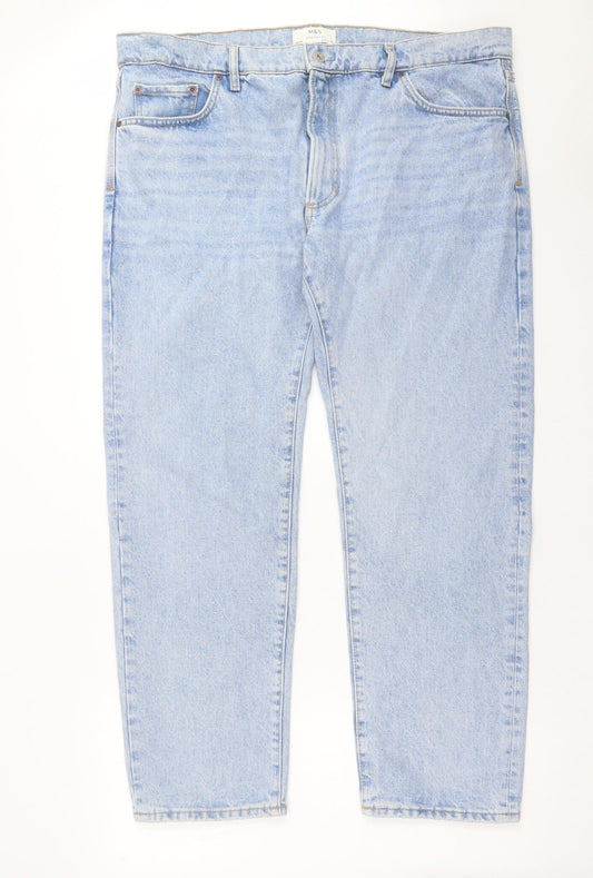 Marks and Spencer Mens Blue Cotton Straight Jeans Size 40 in L31 in Regular Button
