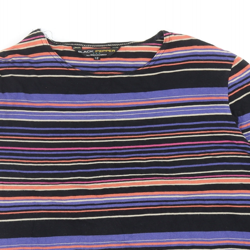 Black Pepper Womens Multicoloured Striped Cotton Basic T-Shirt Size 12 Boat Neck