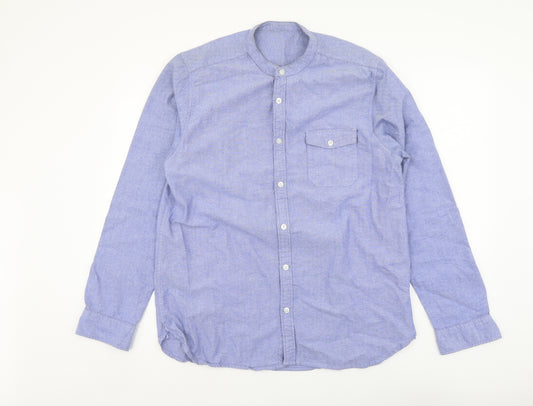 Primark Mens Blue Cotton Button-Up Size L Round Neck Button