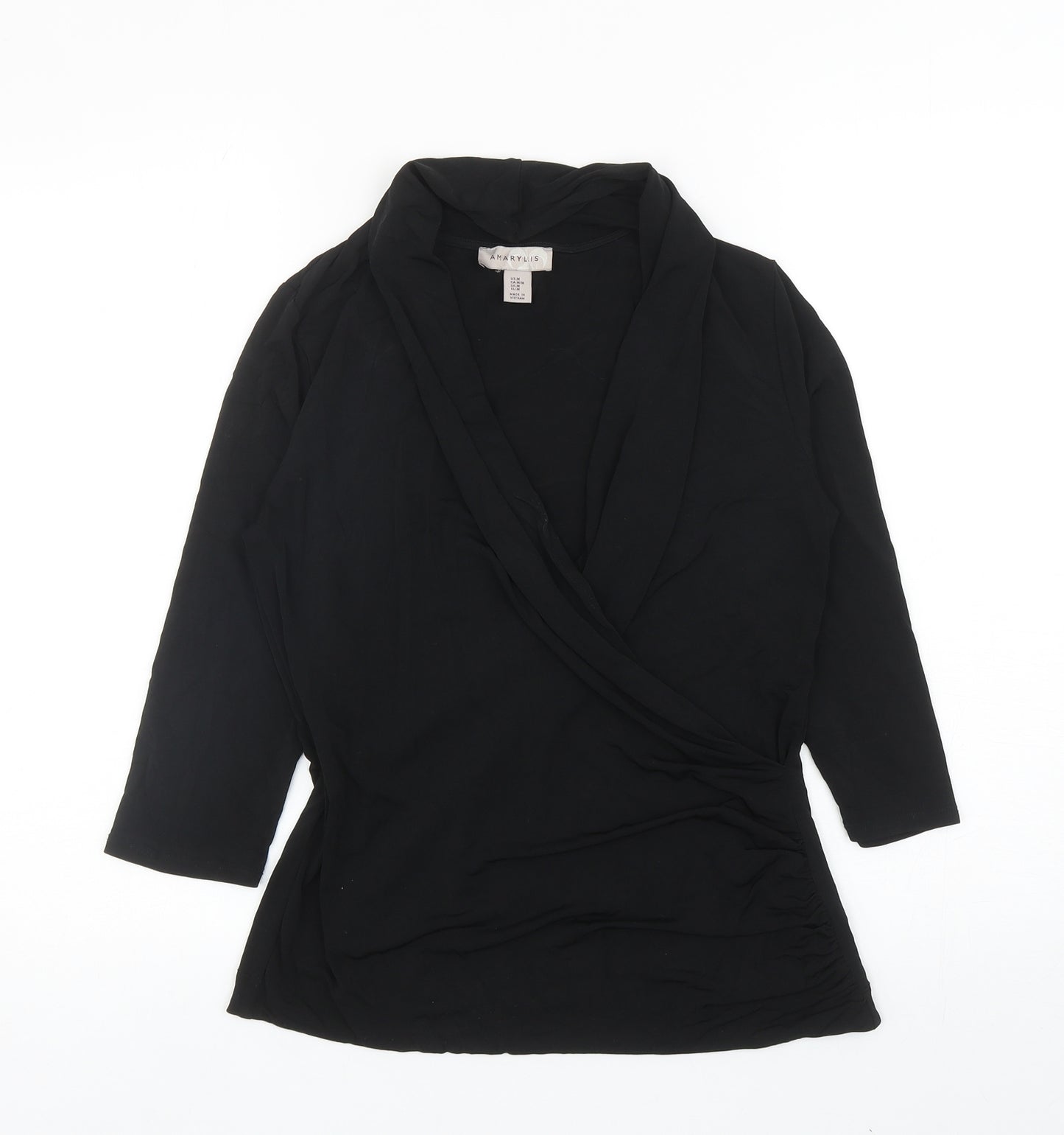 Amaryllis Womens Black Polyester Basic Blouse Size M V-Neck - Ruched