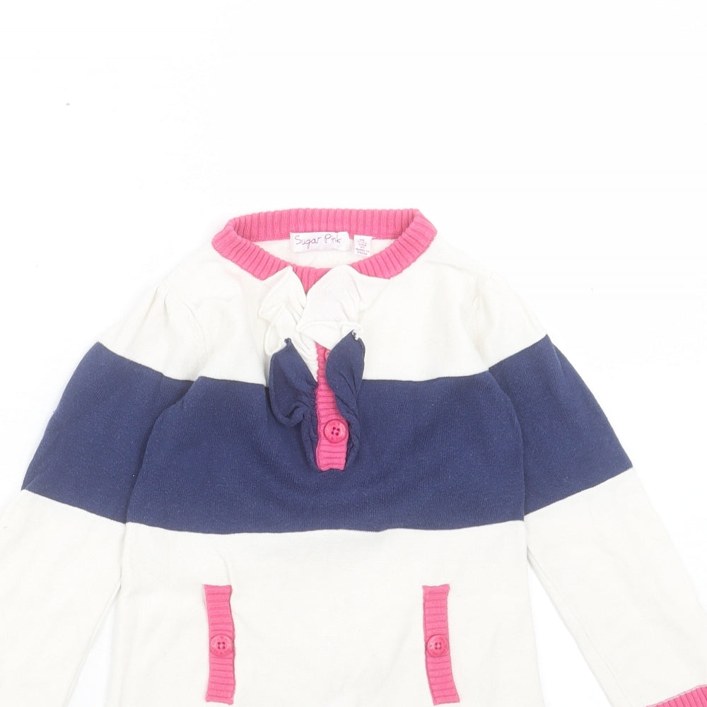Sugar Pink Girls Blue Striped Cotton Jumper Dress Size 2-3 Years Crew Neck Button