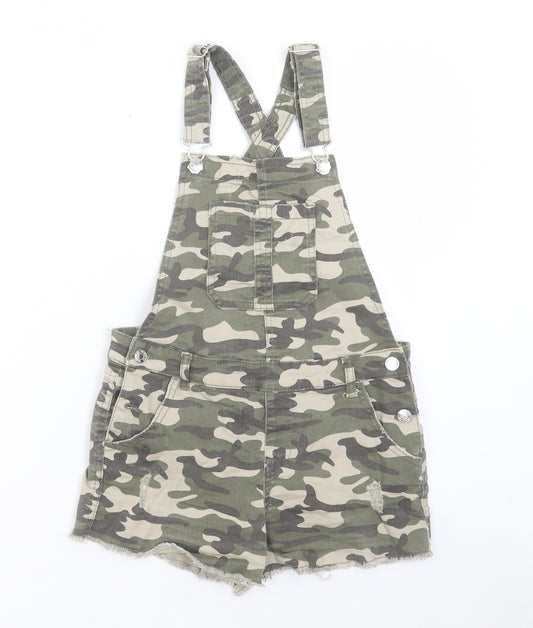 Denim & Co. Girls Green Camouflage Cotton Dungaree One-Piece Size 11-12 Years Button