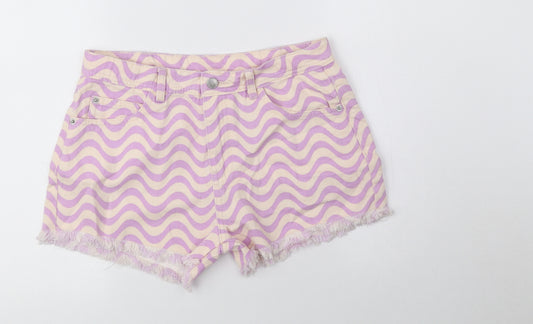 Marks and Spencer Girls Purple Geometric Cotton Hot Pants Shorts Size 13-14 Years Regular Zip - Inside Leg 2 inches