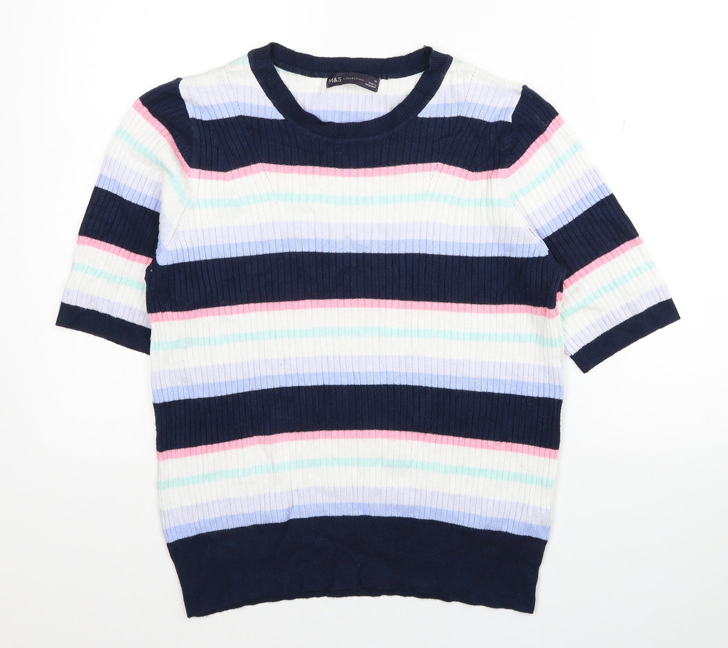 Garfield & Marks Womens Multicoloured Round Neck Striped Viscose Pullover Jumper Size 16 - Ribbed