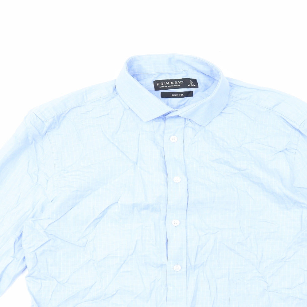 Primark Mens Blue Cotton Dress Shirt Size L Collared Button